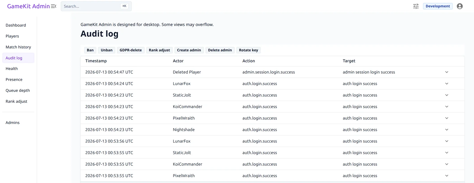 GameKit admin console &mdash; Audit log: chronological admin actions with action-type filter chips